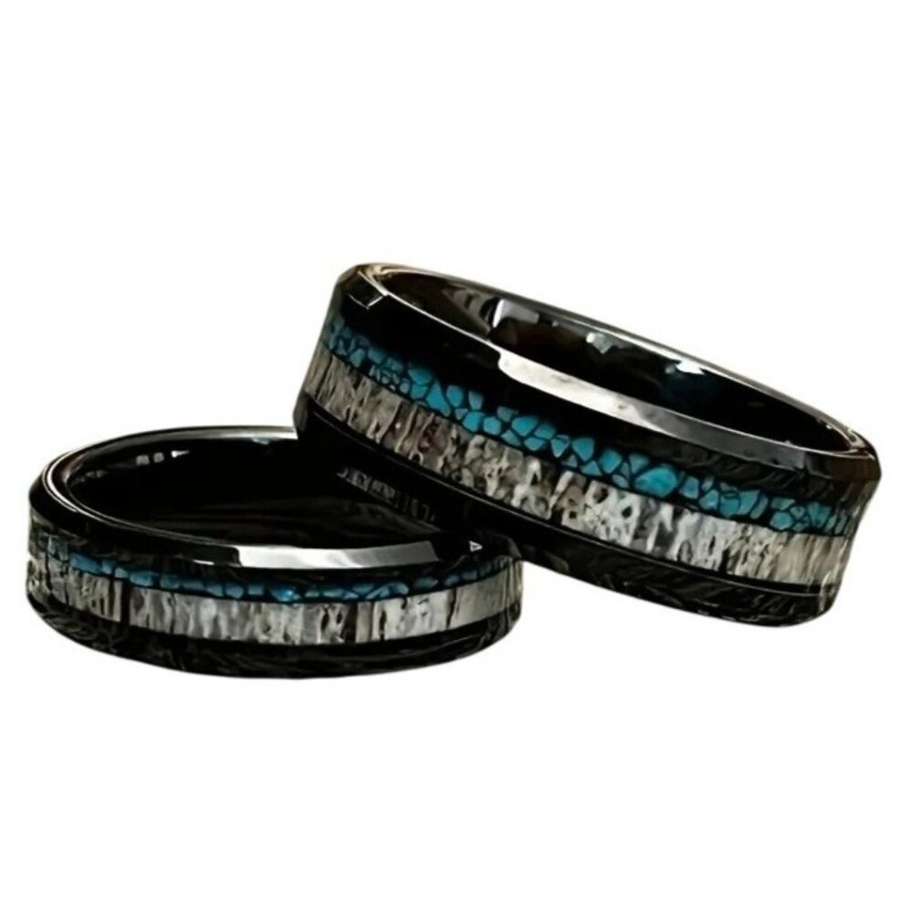 Tungsten Steel Carbide Crushed Turquoise & Deer Antler Center statement Ring